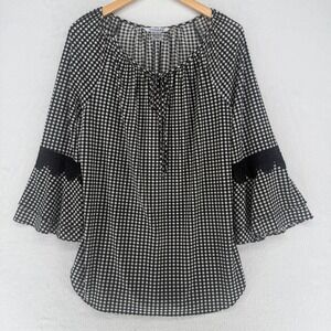 NYGARD Black‎ White Gingham Bell Sleeve Lace Detail Tie Neck Blouse Top Size M
